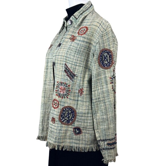 CHICO'S Womens Size 1 Green Multicolored Bohemian Embroidery Short Green Jacket - Picture 5 of 16